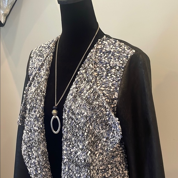 Open Front Cardigan black leather back and sleeves with blue and white fabric - Picture 2 of 3